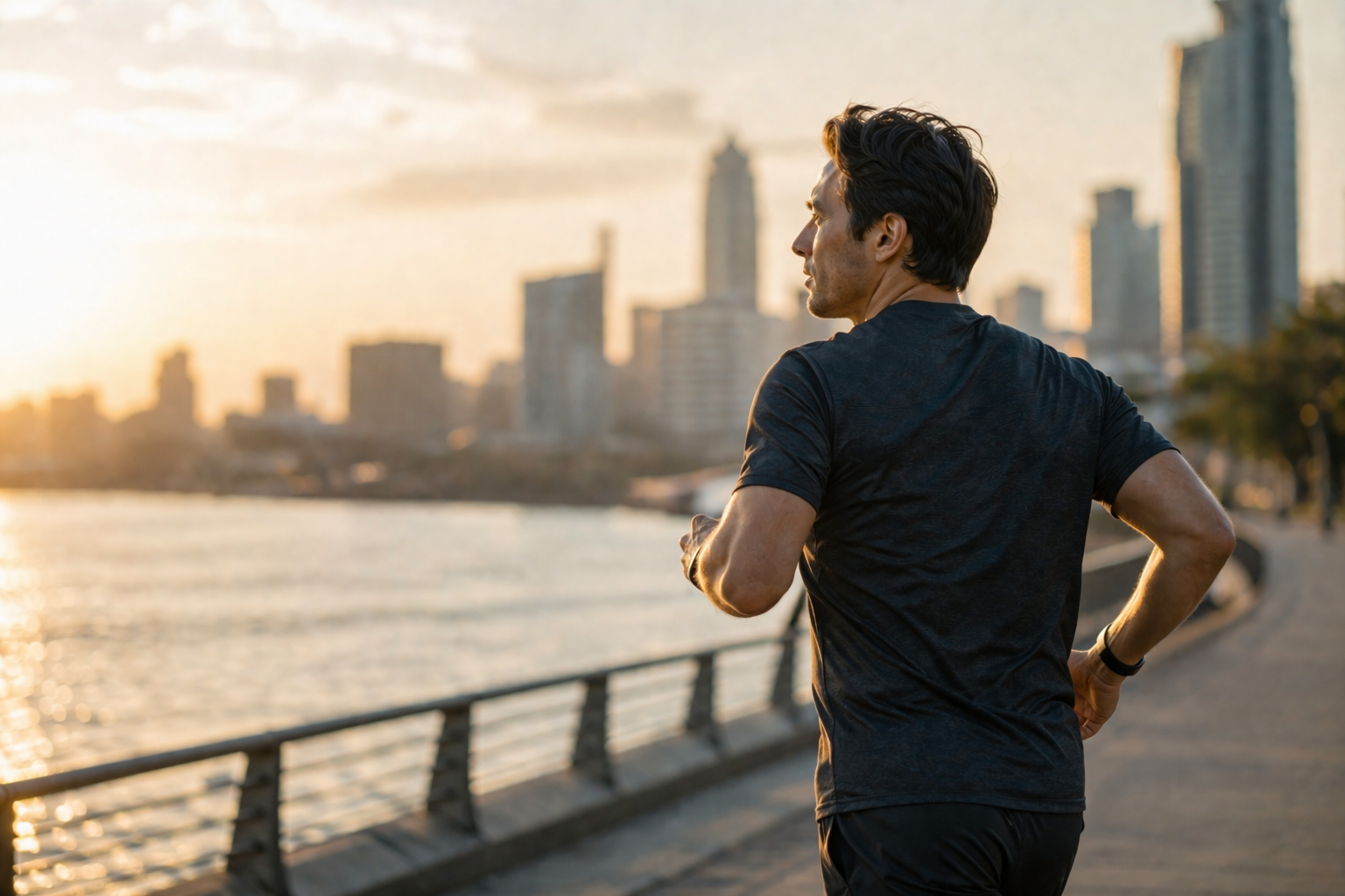Man running along a waterfront path with city skyline in the background during sunset.