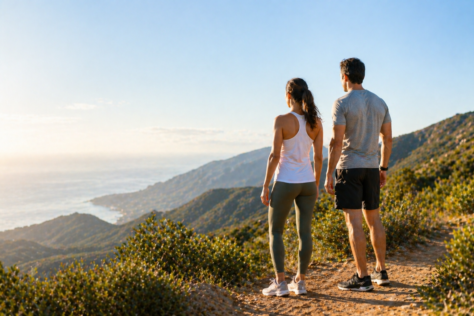 Two people standing on a trail overlooking a scenic mountain landscape with a clear blue sky.