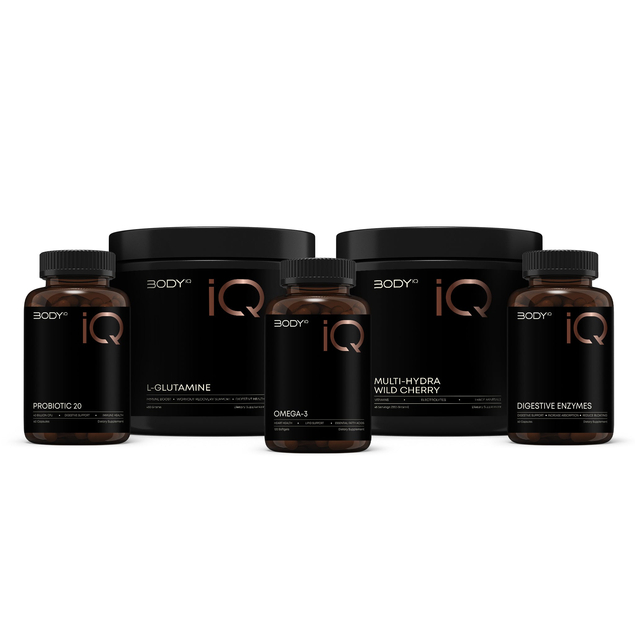 Collection of Body IQ supplement containers on a white background
