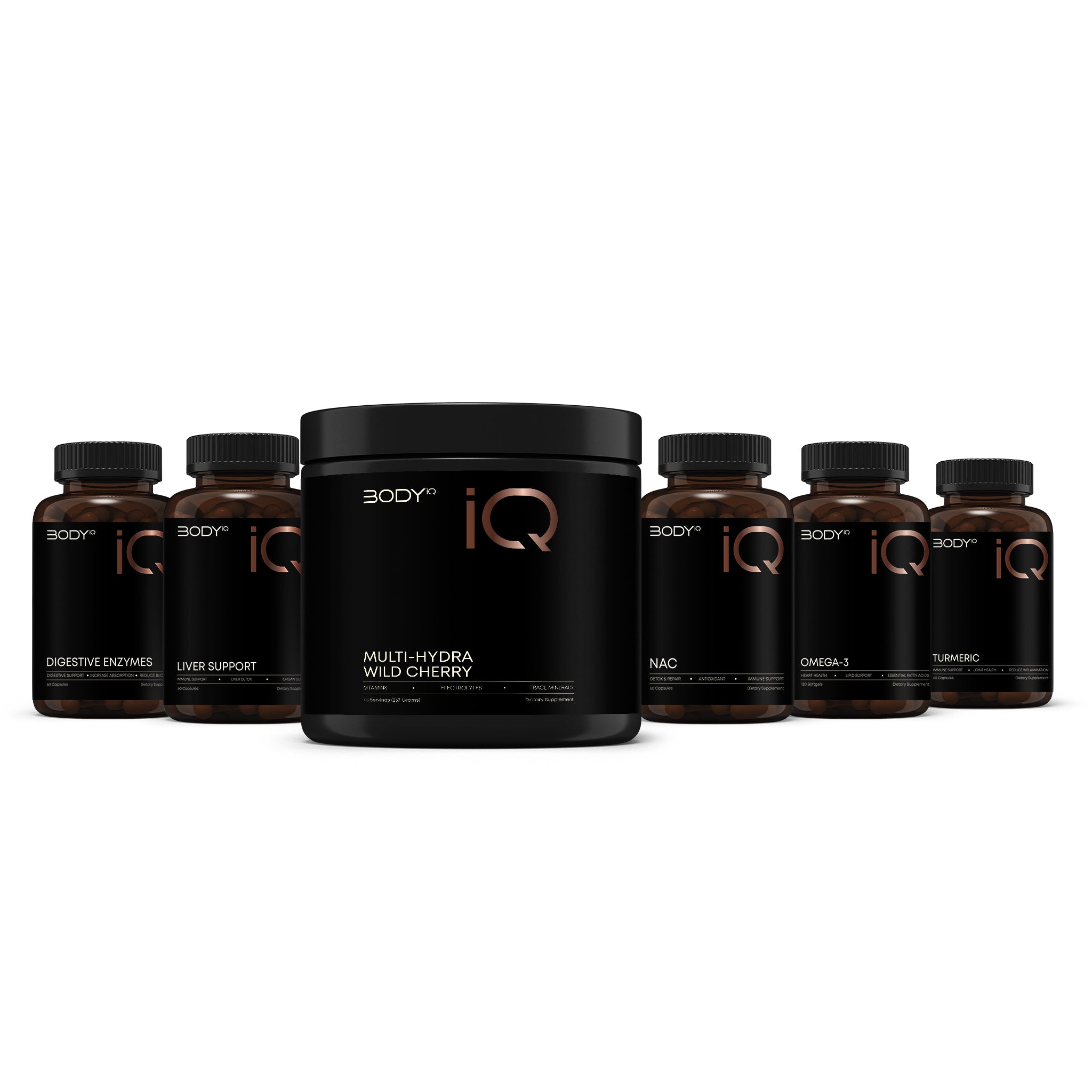 Assorted Body IQ supplement bottles on a white background