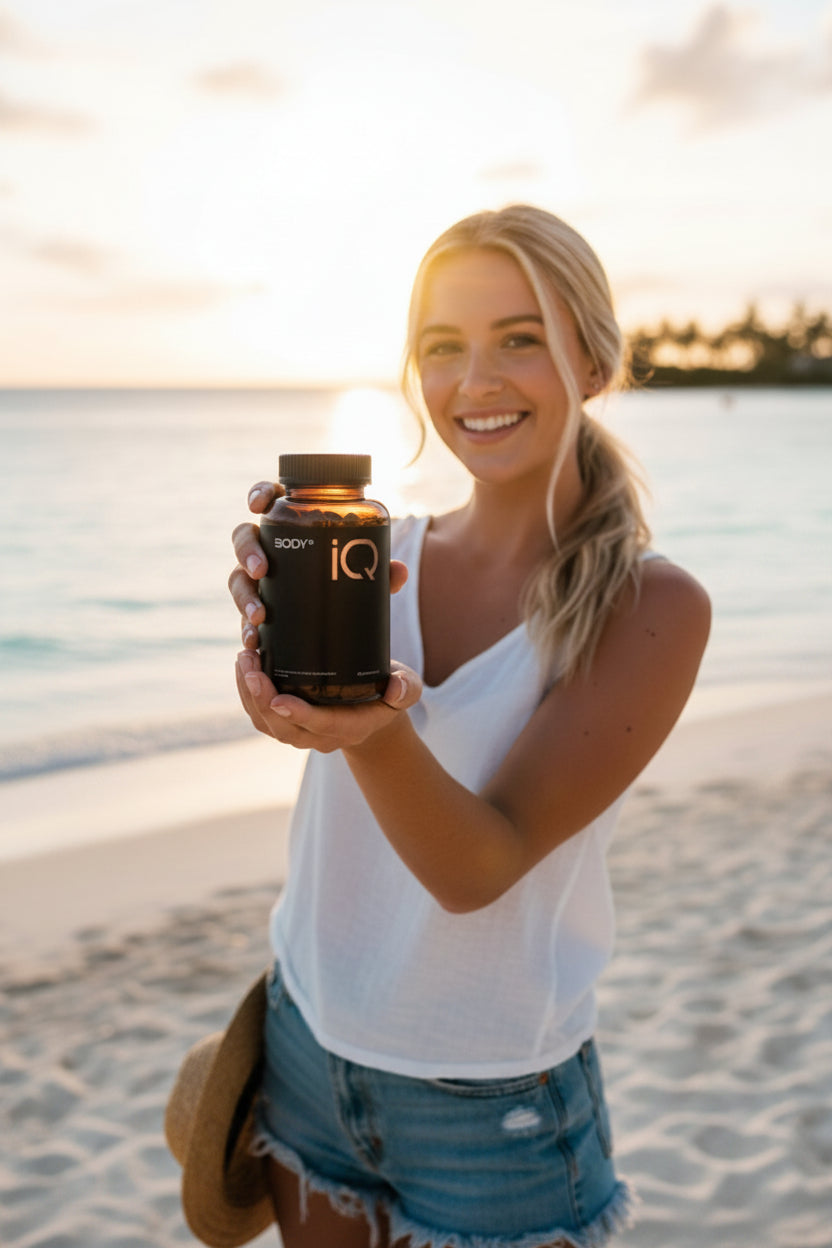 Woman holding a supplement bottle on a beach at sunset