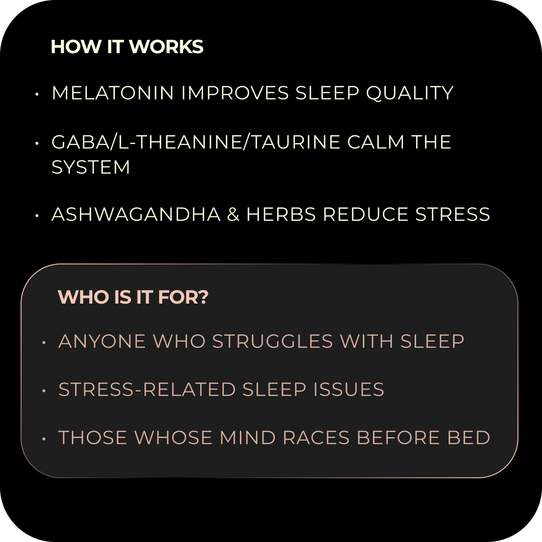 Text explaining how a product works and who it is for on a black background