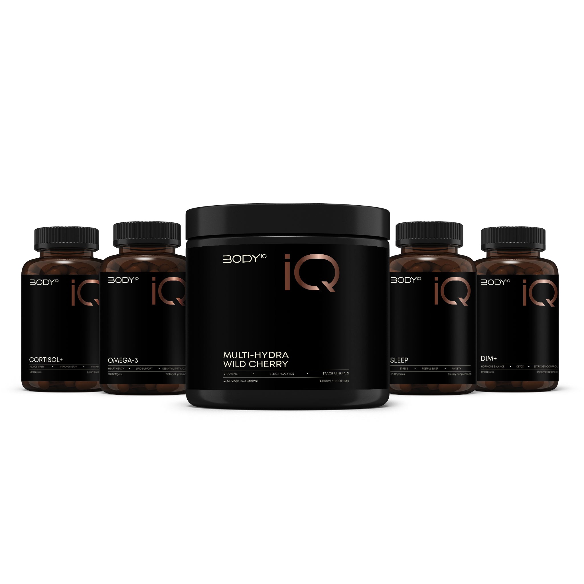 Collection of Body IQ supplement containers on a white background