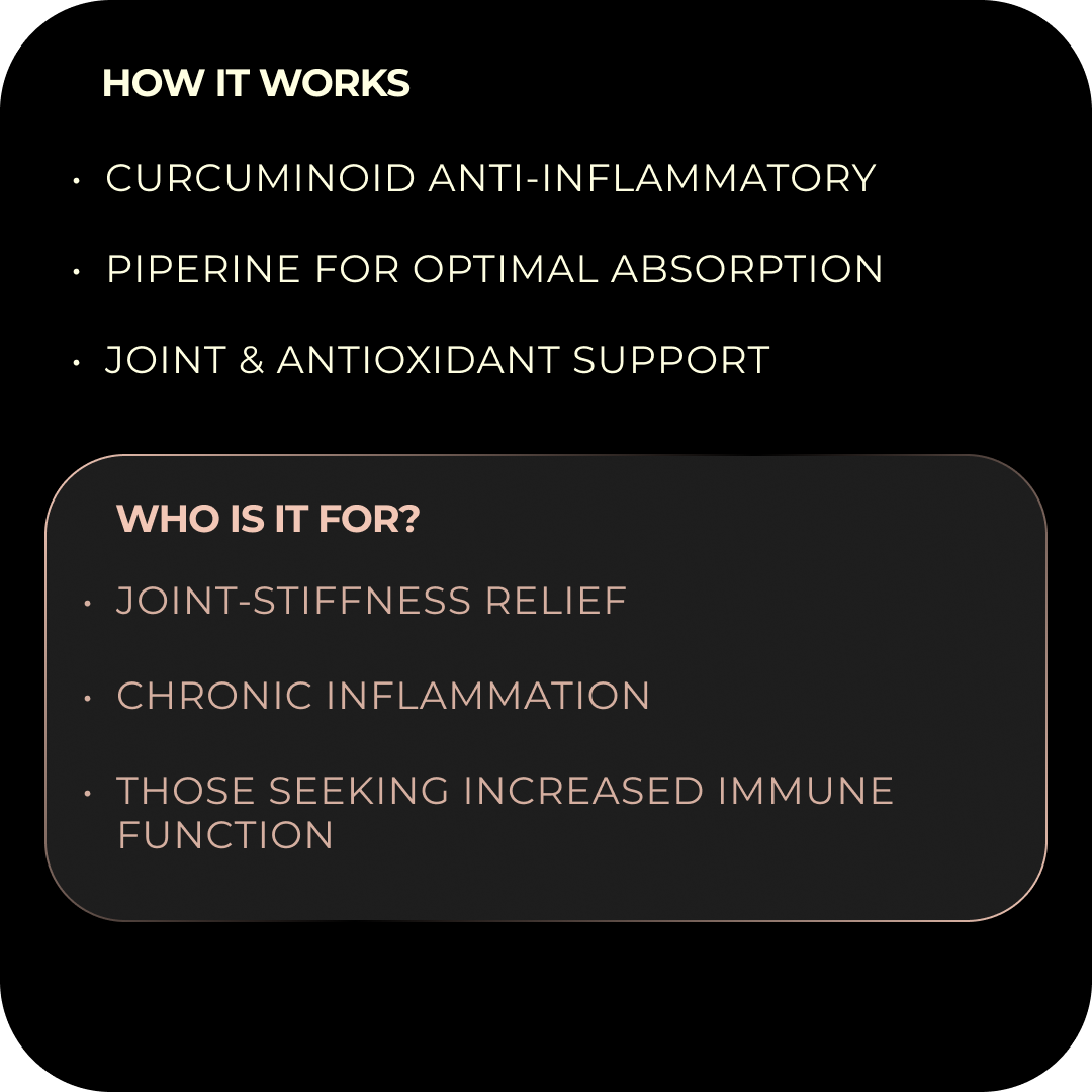 Text detailing the benefits and uses of a supplement on a black background