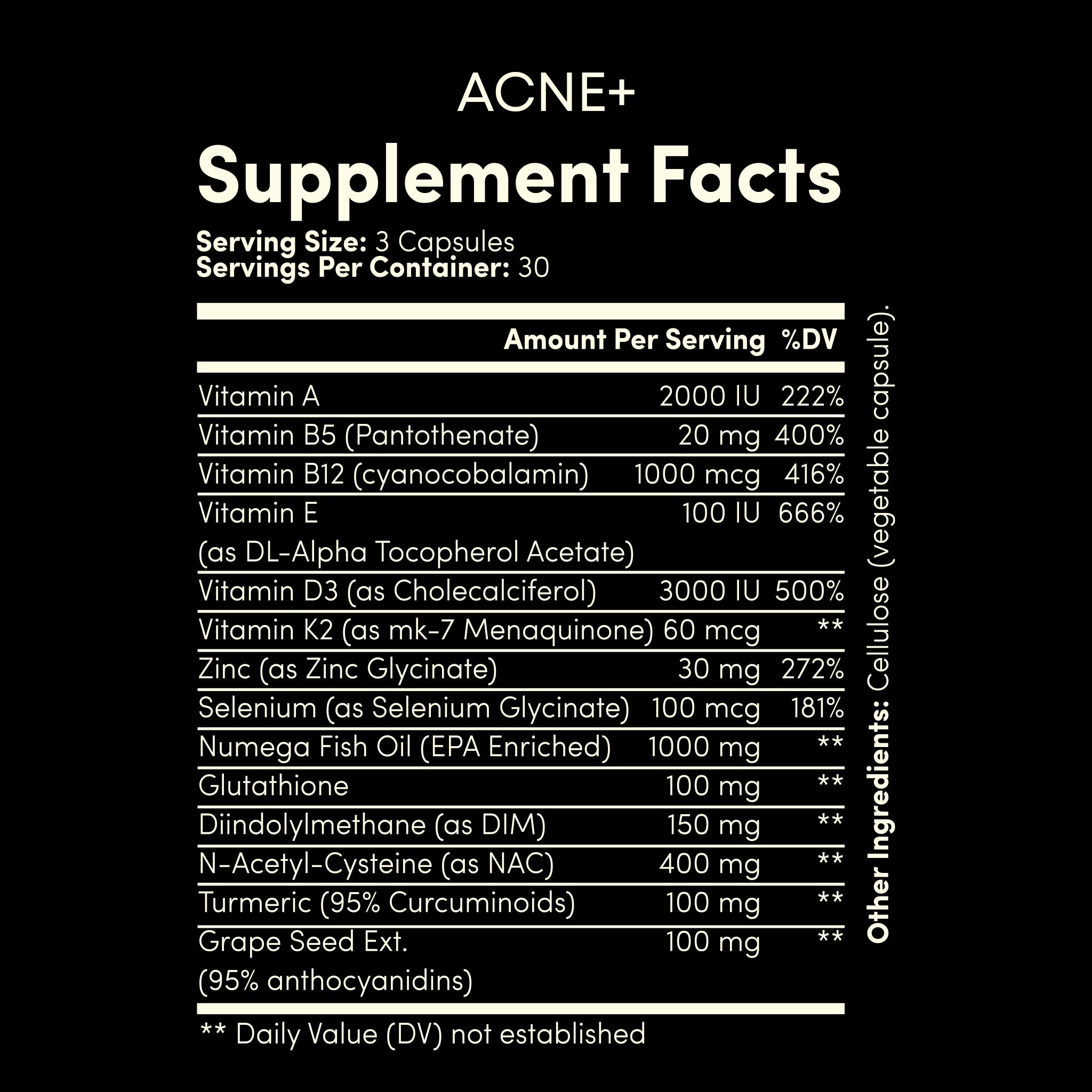 Supplement facts label for ACNE+ supplement on a black background