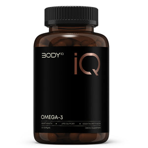Supplement bottle labeled 'BODY IQ' with OMEGA-3 on a white background