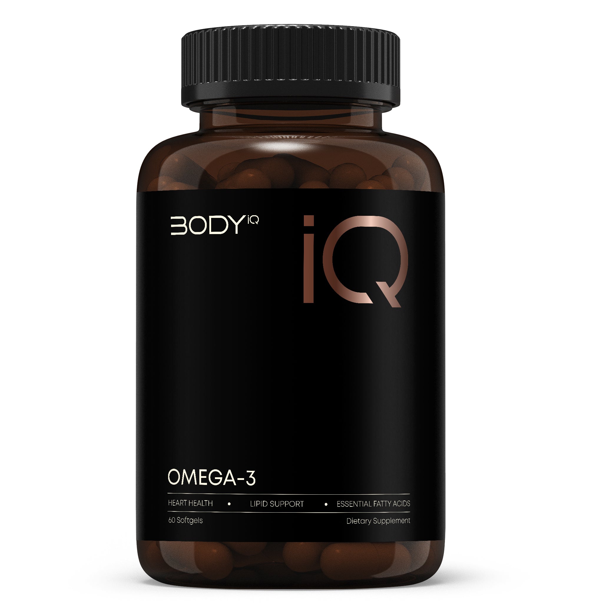 Supplement bottle labeled 'BODY IQ' with OMEGA-3 on a white background