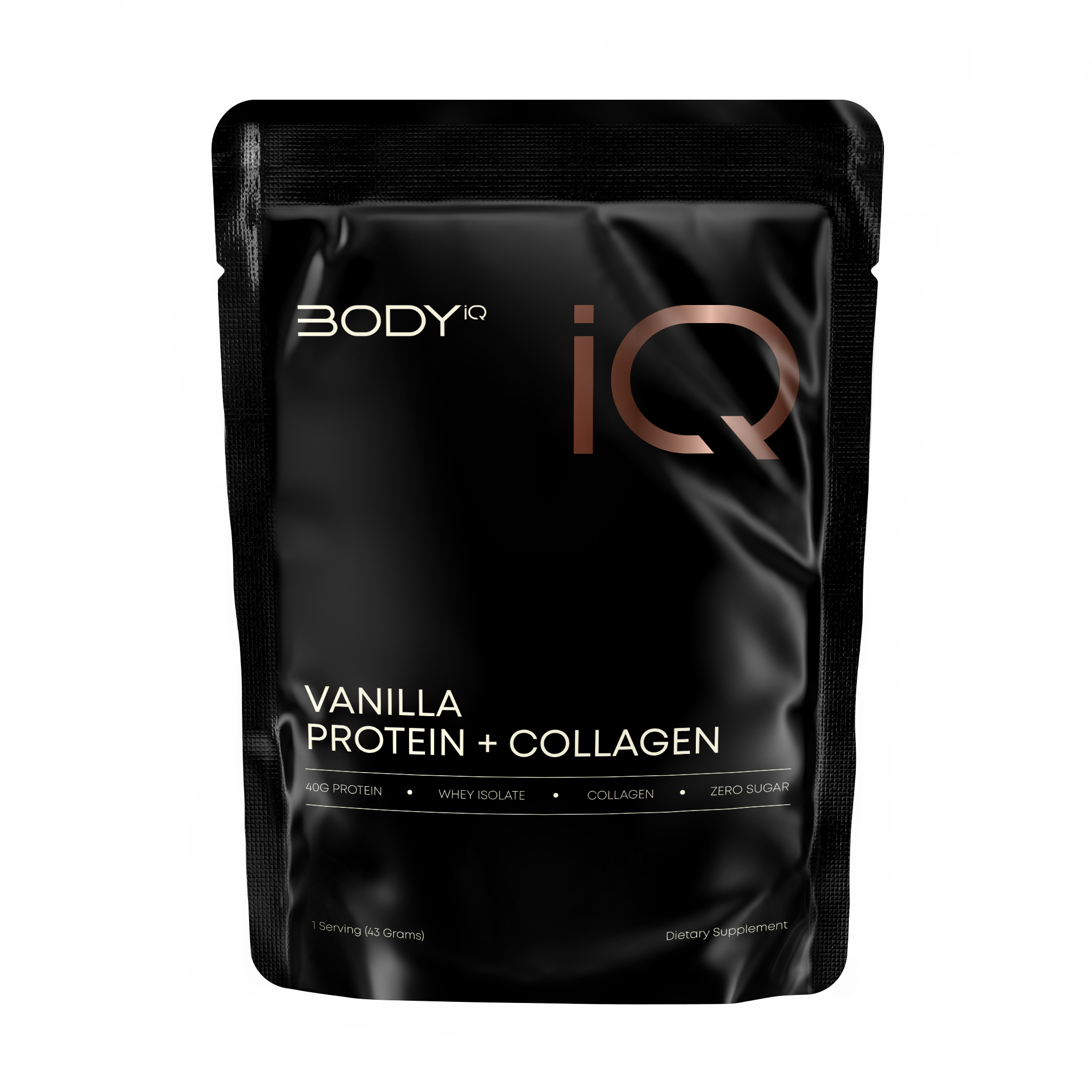 Black package of BODYiq Orange Cream Protein + Collagen on a white background