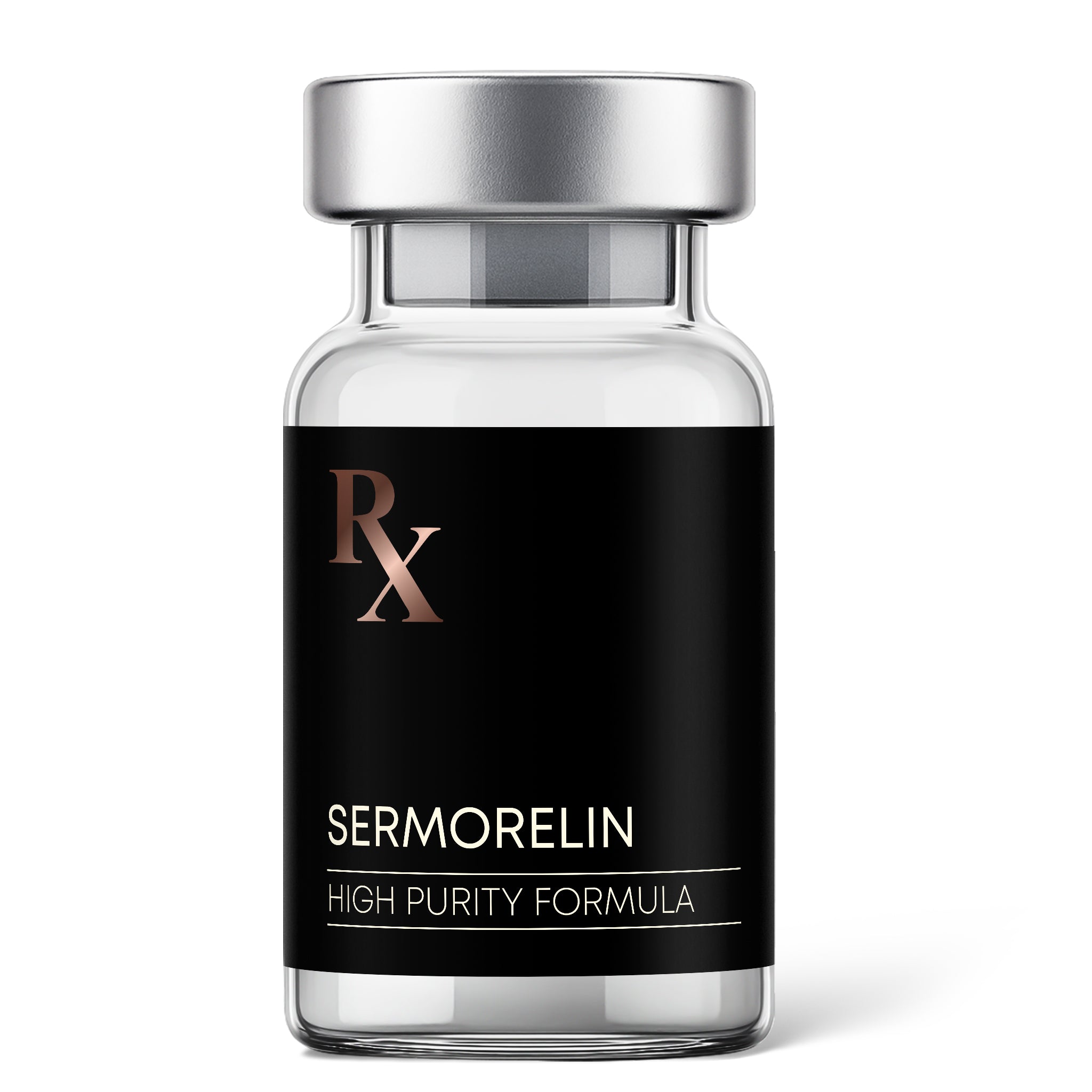 Vial labeled 'Sermorelin' with RX symbol on a white background