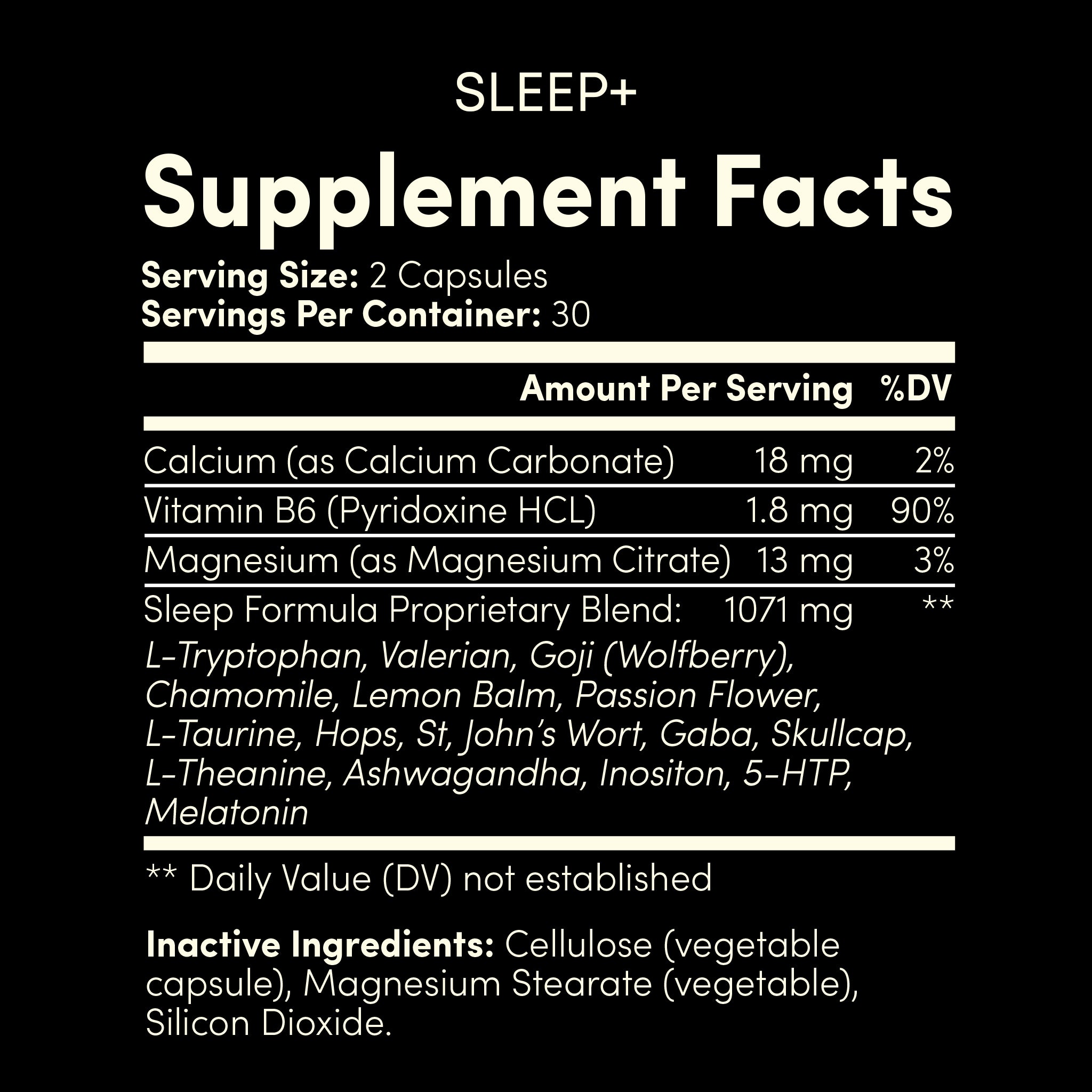 Supplement facts label for SLEEP+ on a black background