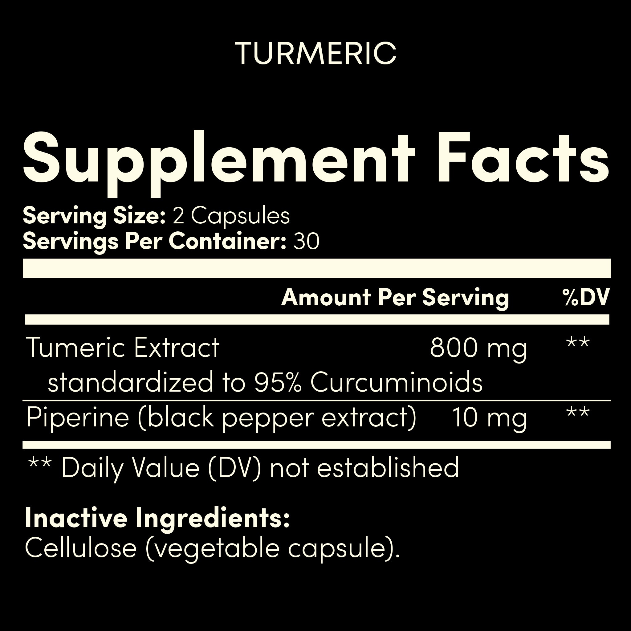 Supplement facts label for turmeric with standardized curcuminoids and black pepper extract on a black background.